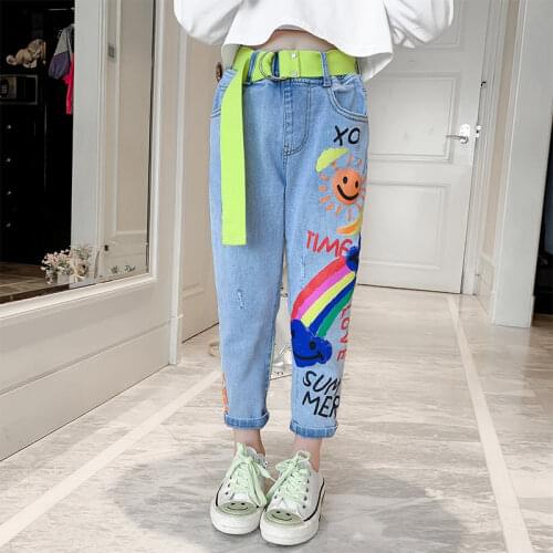Hot Deals Teenage Girls Kids Jeans 12 High Quality Graffiti Painting Print Casual Pants With A Rainbow Cartoon Trousers clothes