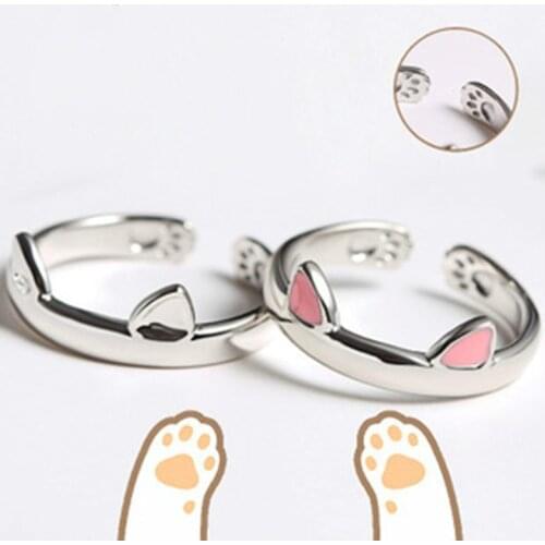 Cute Silver Color Cat Pink Ears Adjustable Rings for Women Wedding Engagement Fashion Jewelry 2019 New