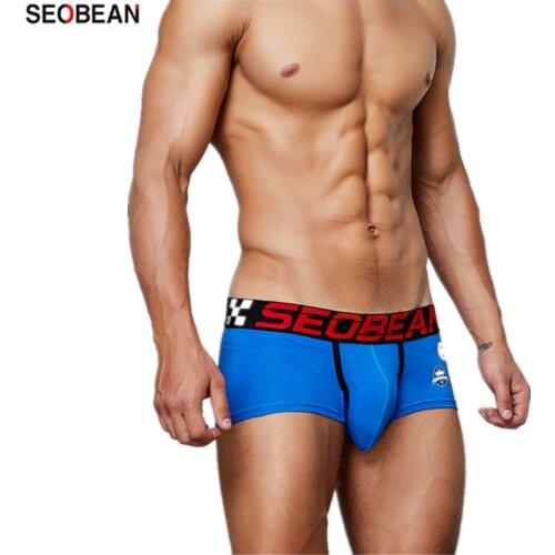 SEOBEAN Mens Underwear Low Waist Comfortable Cotton Breathable Printed Logo U-pouch Bag Push Up Design Boxers