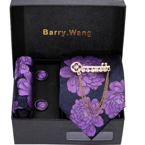New Fashion Mens Wedding Tie Purple Paisley Silk Tie Hanky Brooch Set Barry.Wang Jacquard Woven Neckties For Men Party Gift Box