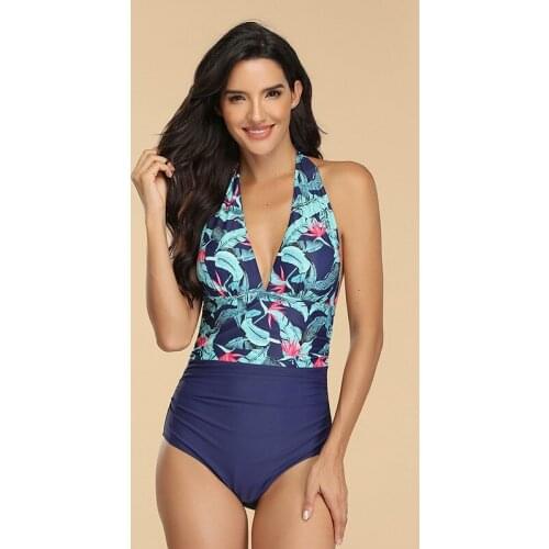 2020 New Fashion Sexy Womens Bikini One-Piece Printed Swimsuit One-Piece Stitching Sleeveless V-Neck Swimwear SW400