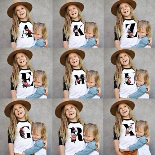 New Cartoon Flower English Alphabet Print Girls T Shirt Leisure Girl T-shirt Children Harajuku Boy Tshirt Kawaii Kids Tops Vogue