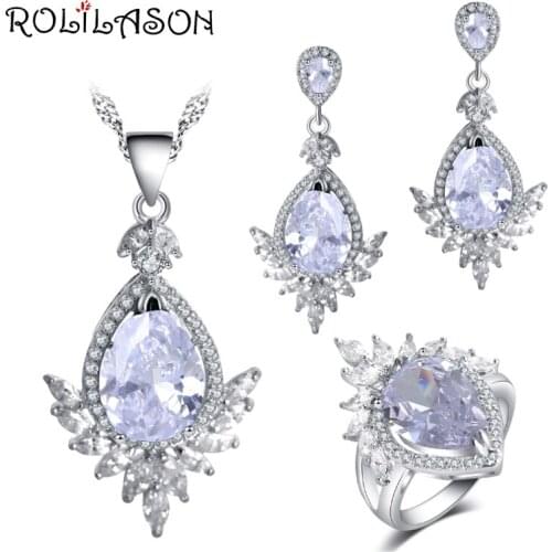 ROLILASON Crown shape water drop design 925 Silver White Zircon For girl Earrings Necklace Rings Jewelry Sets JS770