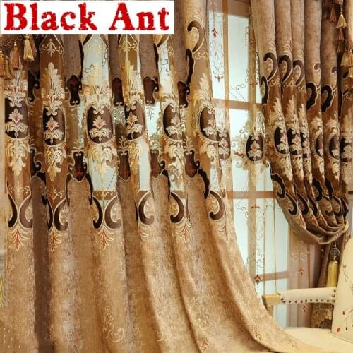 Luxury Europe Palace Curtains Coffee Water-soluble Embroidered Chenille Fabric Blackout Curtains for Living Room Customize X811F