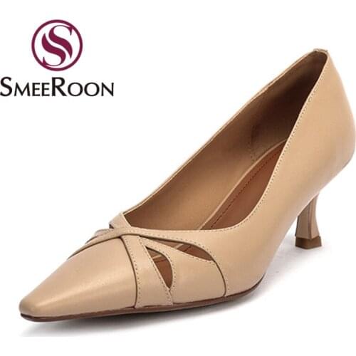 Smeeroon New Genuine Leather Women High Heels Shoes Summer Shallow Hollow Party Shoes Fashion Pointed Toe Women Pumps
