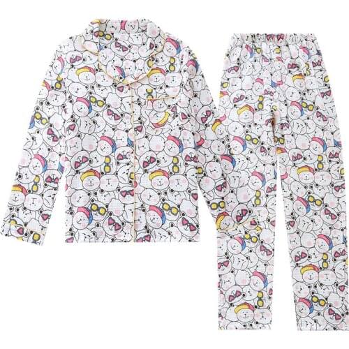 Spring Long-sleeved Cute Pyjamas Cotton Gauze Cartoon Loungewear Lapel Print Bear Sleepwear Two Piece Lounge Set Home Clothing