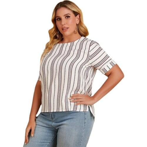 XL To 5XL Plus Size Women Blouses Loose Striped Geometric Print Casual Shirts O-neck Short Sleeve Woman Tops T5620