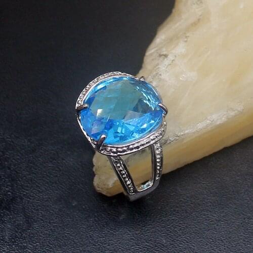 Gemstonefactory Jewelry Big Promotion Single Unique 925 Silver Gushing Blue Topaz Shiny Women Men Gifts Rings 6.5# 20213112