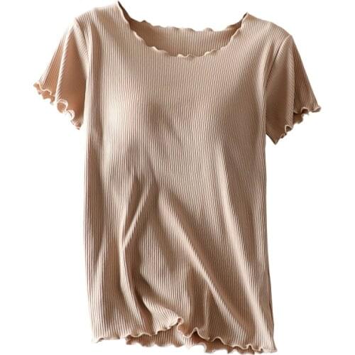 Women Pajamas With Chest Pad Exempt Bra Summer Short-Sleeved Pajamas Thin Elegant Home Service Thread Cotton Female Tops W779