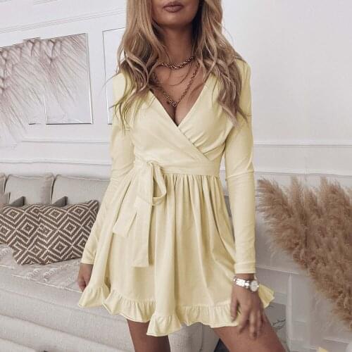 Womens Autumn Bottoming Shirt Solid Color Dress Fashion V Neck Ruffled Mid Waist Lace Up Long Sleeved Ladies Midi Dresses 2021