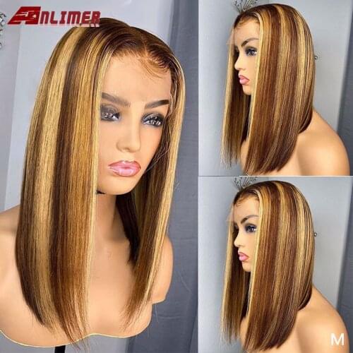 Brown Honey Blonde T Part Lace Front Human Hair Wigs Brazilian Remy Ombre Highlight Wig Short Bob Wig 150% Pixie Cut Bob Wig