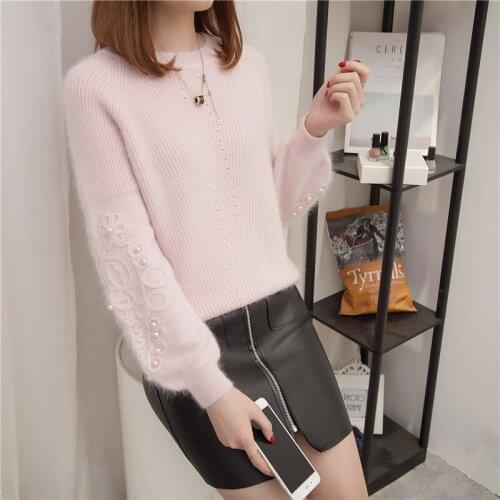 2019 Rhinestone Ans Faux Fur Embellished Cuff Jumper Grey Crew Neck Casual Pullovers Autumn Elegant Long Sleeve Sweater