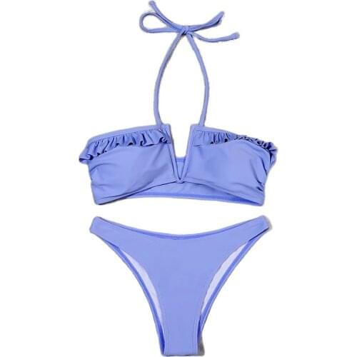 2021 new female pure color swimsuit sexy high waist bikini neck flounce swimsuit