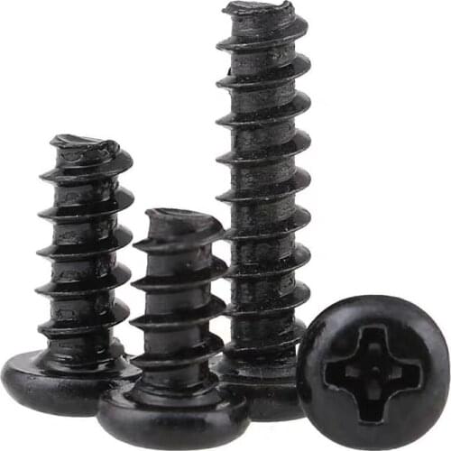 500PCS M2 M2.3 M2.6 M3 PB Carbon Steel Black Round Head Cross Flat Tail Self-tapping Screw
