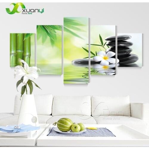 5 Panels Abstract Picture Zen Decor Bamboo Stones Painting Canvas Prints Art For Living Room Zen Painting Home Decor Unframed