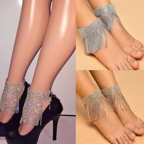 Shiny Crystal Wide Ankle Chain anklets for women Barefoot Sandals Beach Foot Jewelry Sexy ankle bracelet Female legs accessories