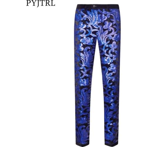 PYJTRL Royal Blue Men Sequins Velvet Casual Pants Floral Shiny Wedding Groom Singer Expandable Waist Trousers