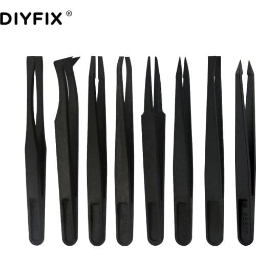 DIYFIX 8 in 1 Black ESD Tweezers Set Anti Static Plastic Electronic Tweezers Forceps