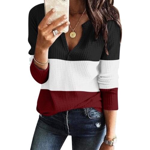 Womens Sexy Casual T Shirts Ladies Patchwork V Neck Daily Holiday Tee Shirt Femme Tops Pullover Autumn Long Sleeve Tshirts Femme