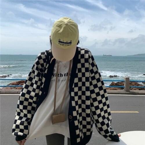 Chessboard Cardigan Women Sweater Korean Single Breasted Knitted Garment Loose Oversized Jumper Plaid Casual Fashion Sweater