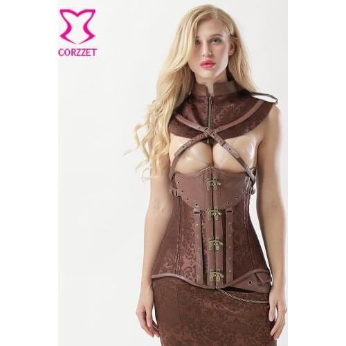 Steampunk Faux Leather Cupless Underbust Sexy Corsets With Zipper Detachable Collar Burlesque Gothic Corselet Corset Bustier 6XL
