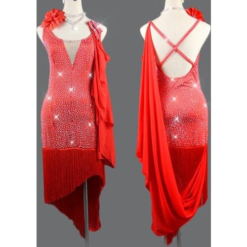 Latin Dance Dress Women Rhinestone Red Dress With Float Fringe Dress Party Dancer Professional Competition Latin Dresses VDB136