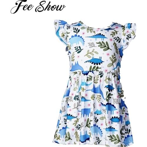 Summer Kids Girls Dress Cartoon Animal Print Casual Flying Sleeve Party Princess A-line Dress Childrens Baby Kids Girl Clothing