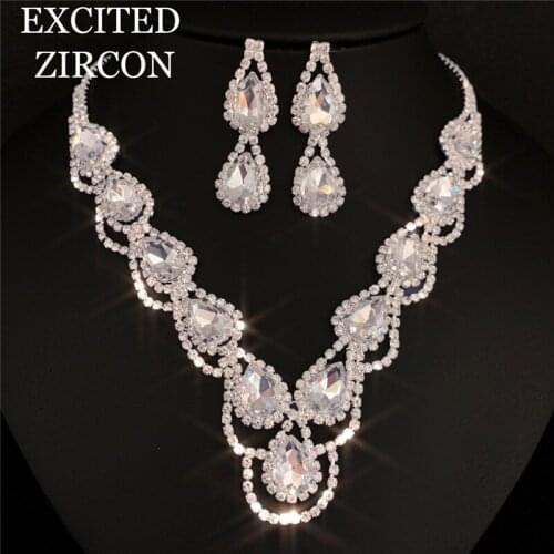Hot Sale Big White Red Green Rhinestone Bridal Wedding Jewelry Sets for Women Russia Luxury Earrings Necklace Set Dropship