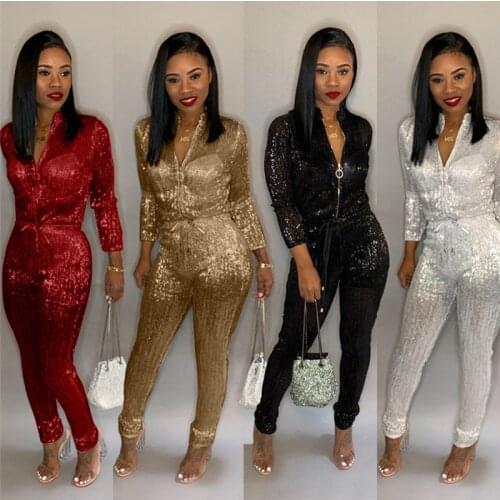 Plus Size Glitter Jumpsuit Women Long Sleeve Zipper Drawstring High Waist Bodycon Long Pants Romper Sparkly Club Party Jumpsuits