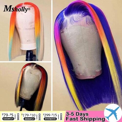 Rainbow Wig 13x4 Lace Frontal Wig With Baby Hair Colored Human Hair Wigs Purple Highlight Short Bob Brazilian Remy Hair Wigs