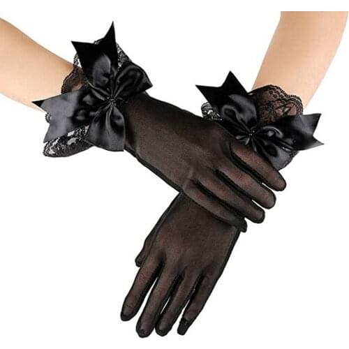 2021 New Women Lace Mesh Gloves Ladies Black White Short Wrist Gloves Bowknot Decor Bride Glove Party Accessories