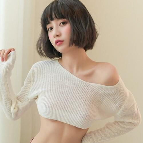 Sexy Women Breast Bare Crop Top Sweaters Kawaii Japan Lolita Long Sleeve Knitting Short Pullovers Babydoll Erotic Lingerie