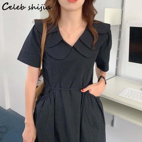 SHIJIA New Black Dress Woman Double Peter Pan Collar Korean Fashion Dress Vestido Female High Waist Puff Sleeve Chic Clothing
