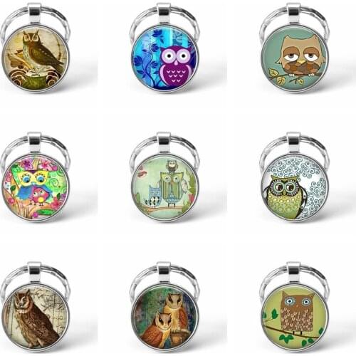 Owl Jewelry Owl Glass Pendant Owl Round Pendant Key Chains Glass Gems Bag Pendant Christmas Gift for Women for Men
