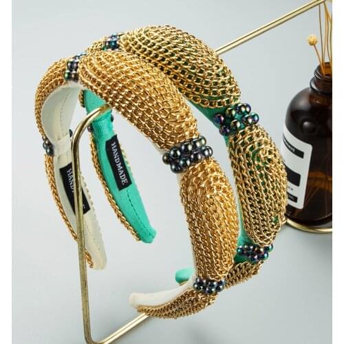 Sparkly Padded Gold Color Metal Chain Pearl Headbands Full Crystal Luxurious Limited Edition Hairbands Women Baroque Headband