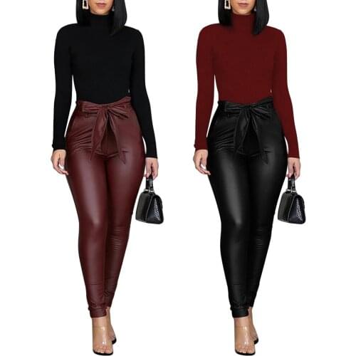 Sexy Women PU Leather Pants Leggings Bow Pencil Skinny High waist fashion Trousers