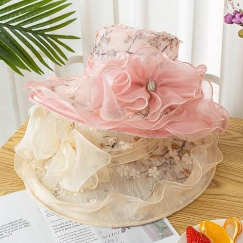 Women Organza Sun Hats Flowers Elegant Summer Large Wide Brim Ladies Cap