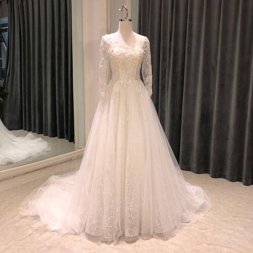 SL-7112 new design wedding dress long sleeve 2021 beads lace illusion neck crystal bridal wedding dress tulle vintage bride gown