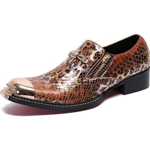 2021 Luxury Metal Square Toe Formal Men Dress Shoes Zapatos Hombre Snake Leather Shoes Party Mens Evening Wedding Party Shoes