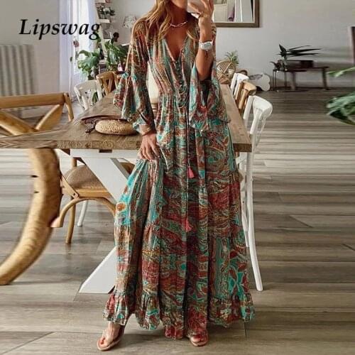 Women Elegant Floral Print Tassel Party Dress Summer Sexy V-Neck Beach Long Dress Ladies Casual Long Sleeve Boho Dress Vestidos