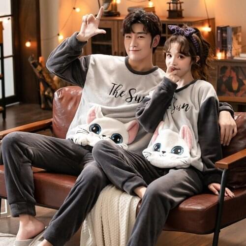 Womens Pajamas Winter Flannel Cartoon Pajama Sets Men Warm Home Sleep Suit Animal Sleepwear Cat Cute Pyjamas Casual Homewear