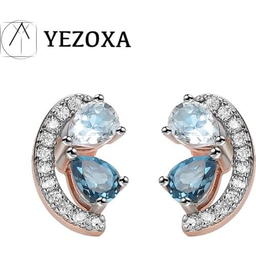 925 Sterling Silver Gemstone Earrings For Women Blue Topaz Lovely Ear Stud Birthday Gift Delicate Fine Jewelry Rose Gold Plated