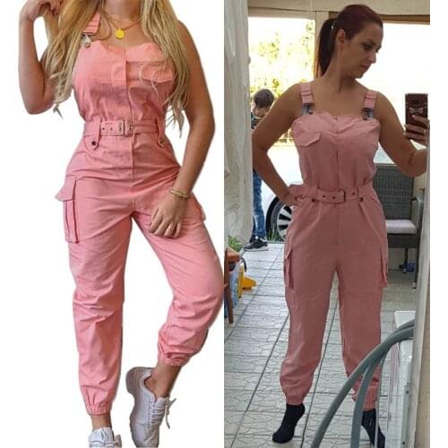2021 Spring Women Casual Cargo Playsuit Sleeveless Solid Jumpsuit With Pocket and Belt Elegant Pencil Pants Overalls Large Size