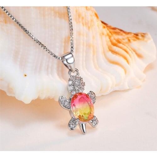 Boho Female Rainbow Crystal Pendant Necklace Dainty Silver Color Chain Necklaces For Women Cute Tortoise Zircon Wedding Necklace