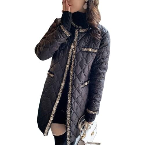 2021 Winter Wadded Coat Women Elegant O Neck Button Lightweight Long Warm Outerwear Tassels Patchwork Female Black Padded Jacket