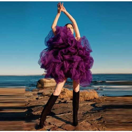 Purple Tulle Dresses For Women Ruched Tulle Mesh Mini Women Dresses Ruffles Tulle Formal Wear