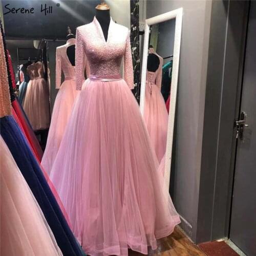 Serene Hill Pink A-Line Long Sleeve Tulle Evening Dress 2021 Design V-Neck Sexy Lace Up Formal Party Wear Gown CLA70491