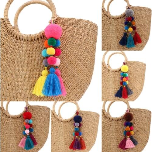 1pc Bohemian Style Wood Beads KeyChains Multicolor Pompom Keyring Bag Hanging Decoration For Women Gift