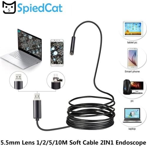 2IN1 5.5mm mini Lens 1/2/5/10M Soft Cable Android OTG USB Endoscope Flexible Snake Pipe Inspection Smartphone Borescope Camera