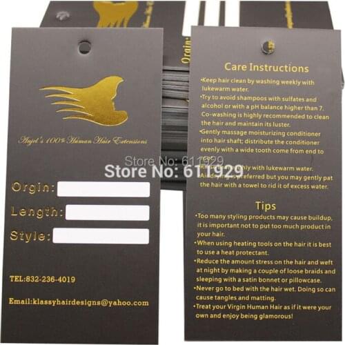 Free shipping custom women hair extension hang tag with golden stamping/hair packing labels/clothing printed black hang tags